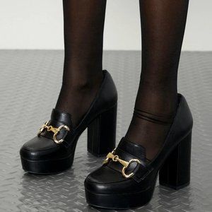 New Black Platform Slip On Penny Loafers Chunky Heels